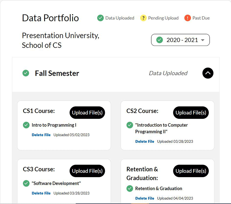 A view of the data portal dashboard showing how data can be categorized by computer science courses